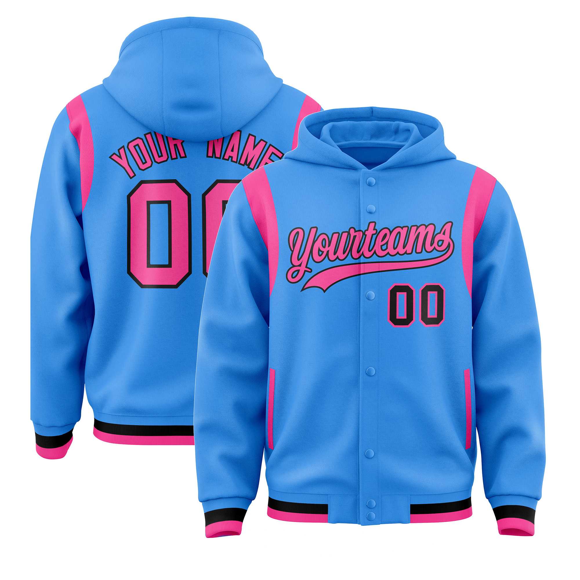 Custom Powder Blue Pink Varsity Full-Snap Letterman Shoulder Color Block Hoodie Jacket