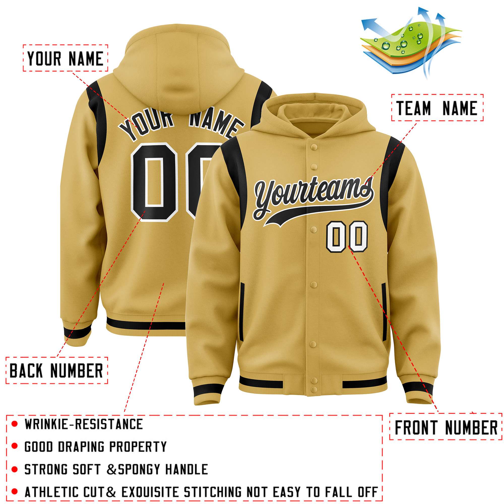 Custom Old Gold Black Varsity Full-Snap Letterman Shoulder Color Block Hoodie Jacket