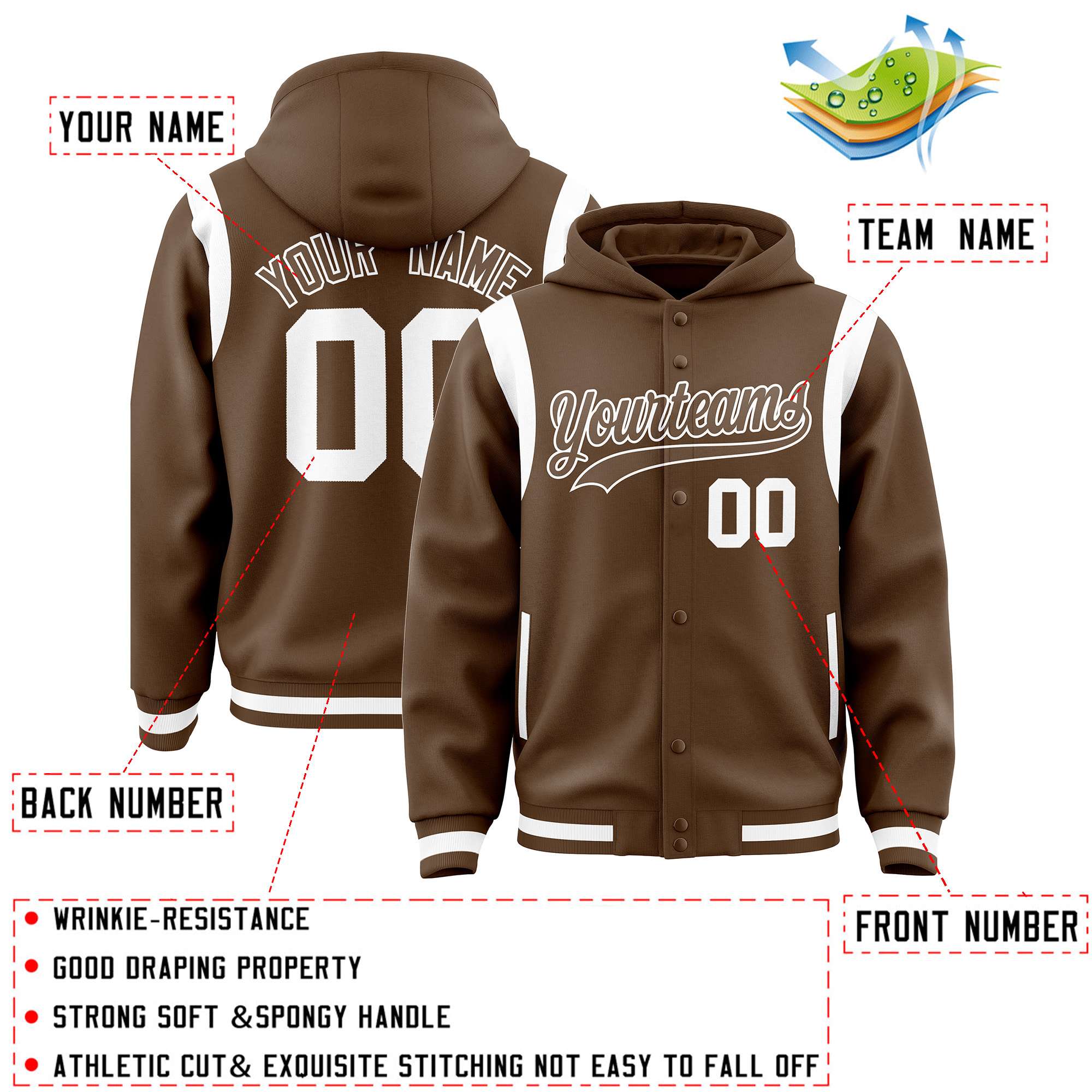 Custom Light Brown Light Brown Varsity Full-Snap Letterman Shoulder Color Block Hoodie Jacket