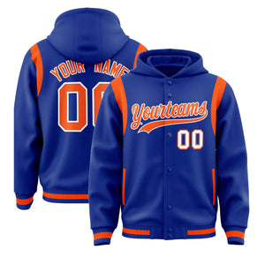 Custom Royal Orange Varsity Full-Snap Letterman Shoulder Color Block Hoodie Jacket