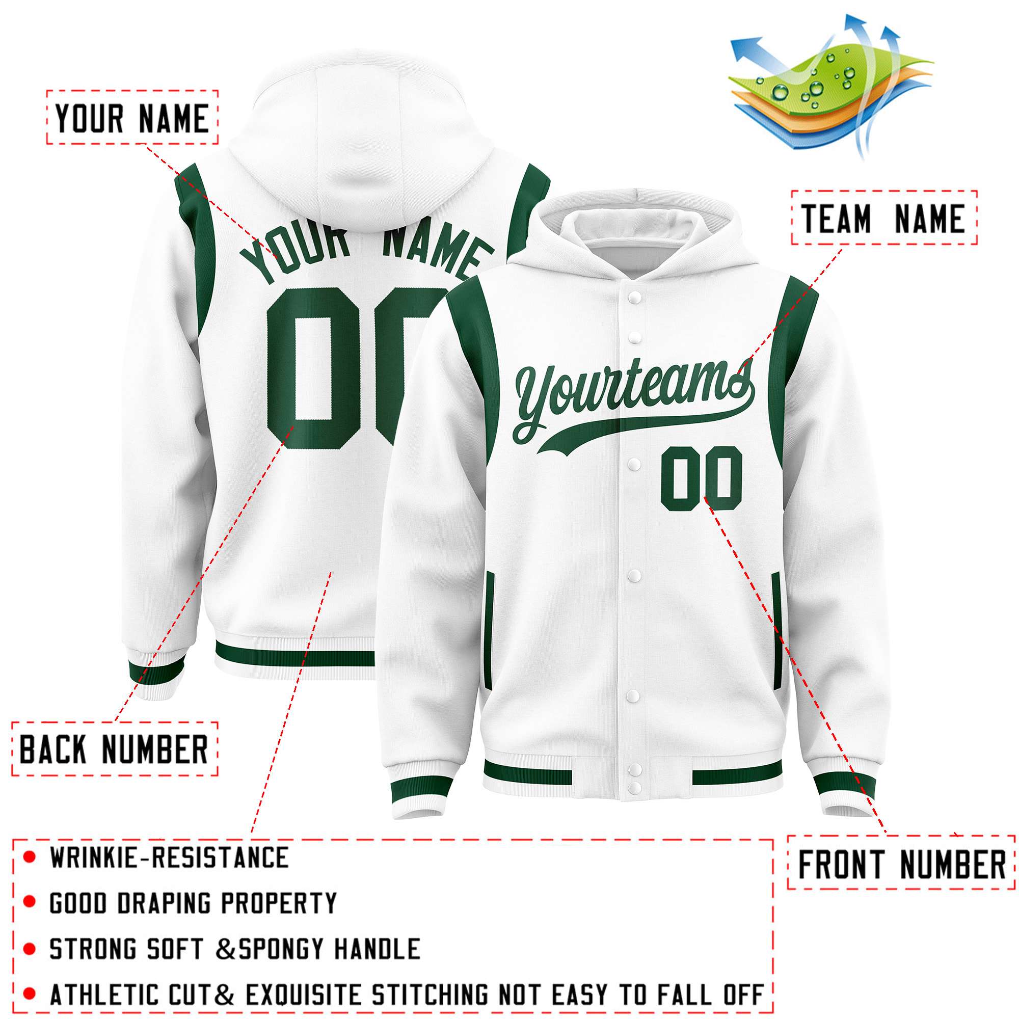 Custom White Green Varsity Full-Snap Letterman Shoulder Color Block Hoodie Jacket