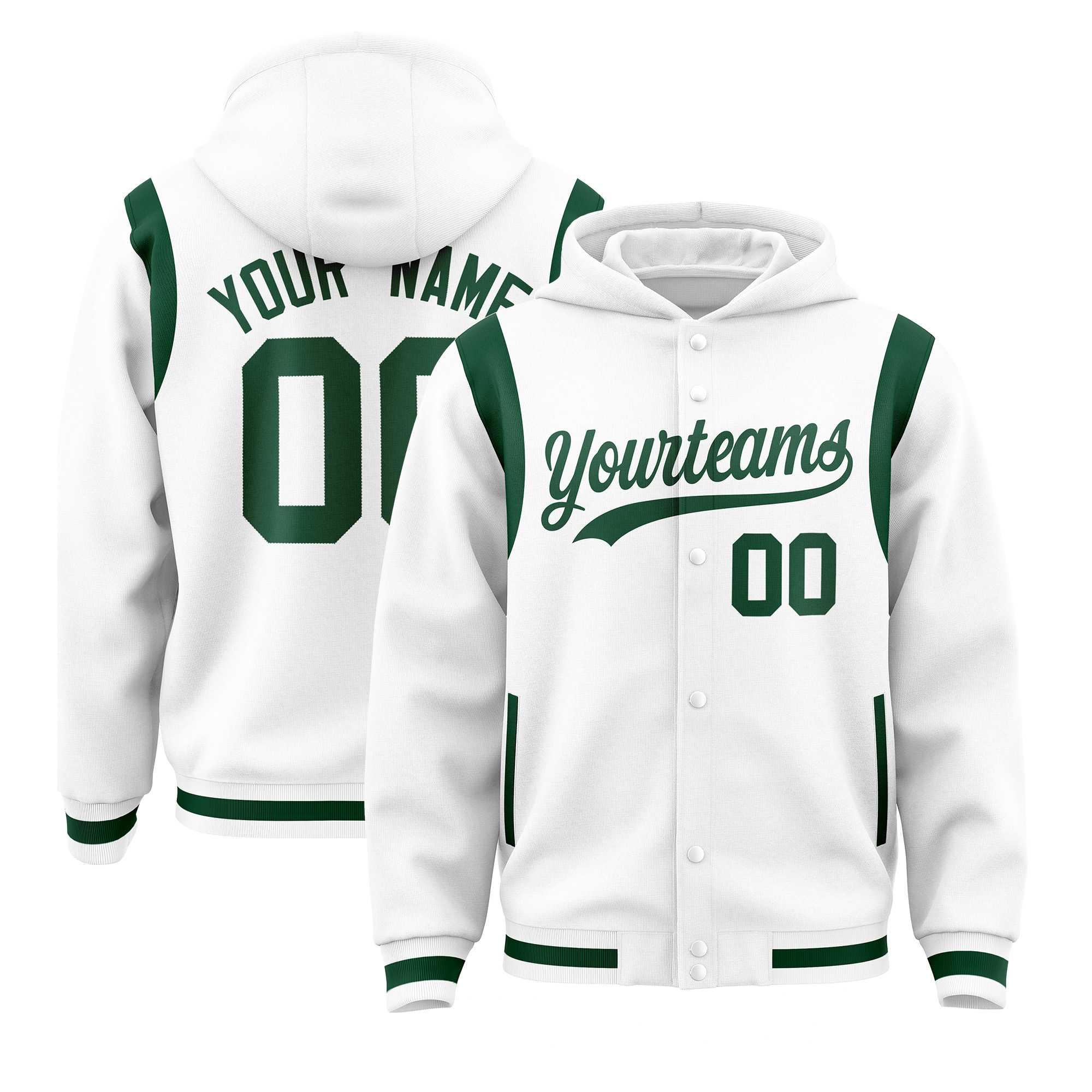 Custom White Green Varsity Full-Snap Letterman Shoulder Color Block Hoodie Jacket