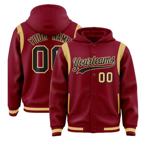 Custom Crimson Black Varsity Full-Snap Letterman Shoulder Color Block Hoodie Jacket