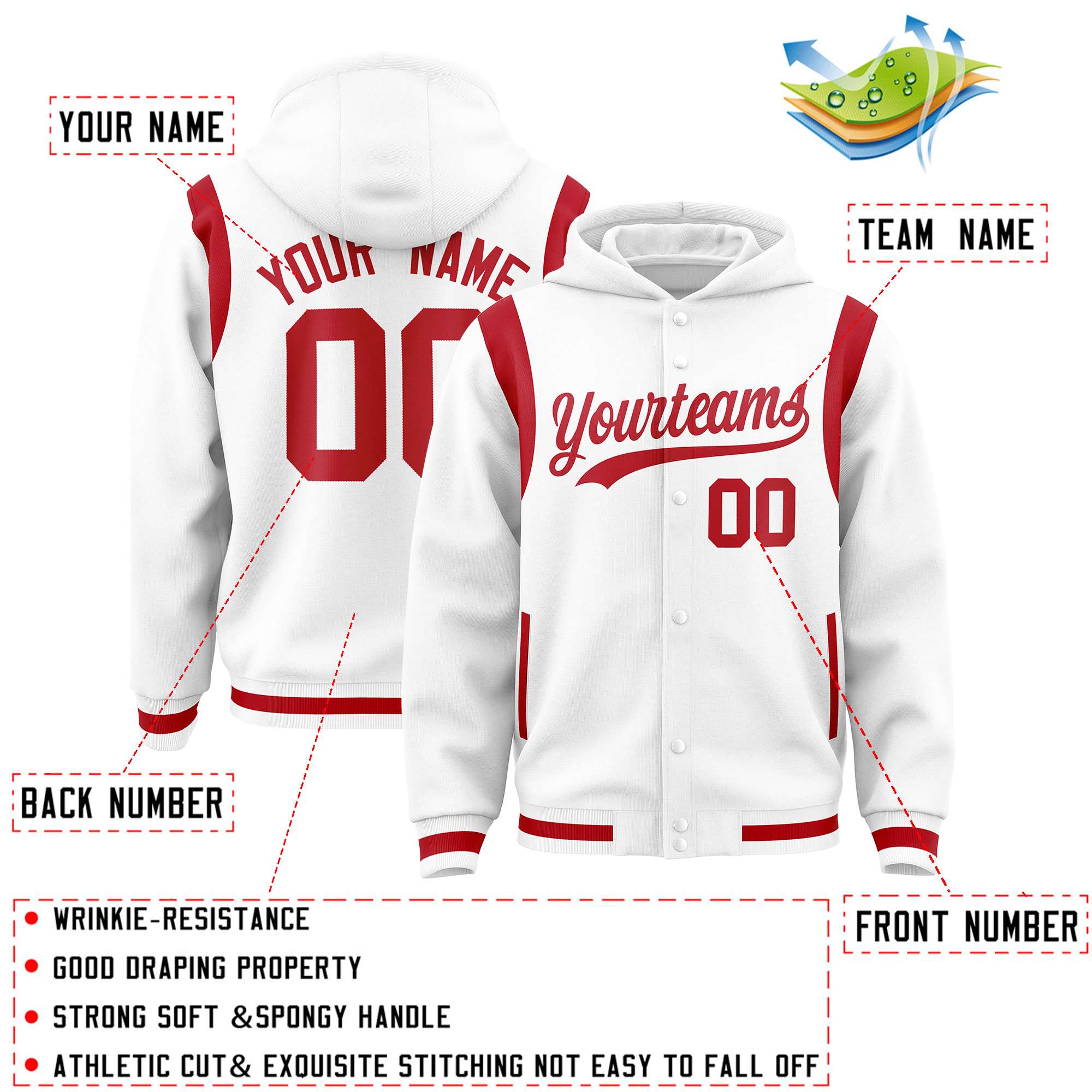 Custom White Red Varsity Full-Snap Letterman Shoulder Color Block Hoodie Jacket