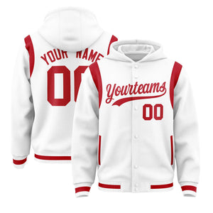 Custom White Red Varsity Full-Snap Letterman Shoulder Color Block Hoodie Jacket