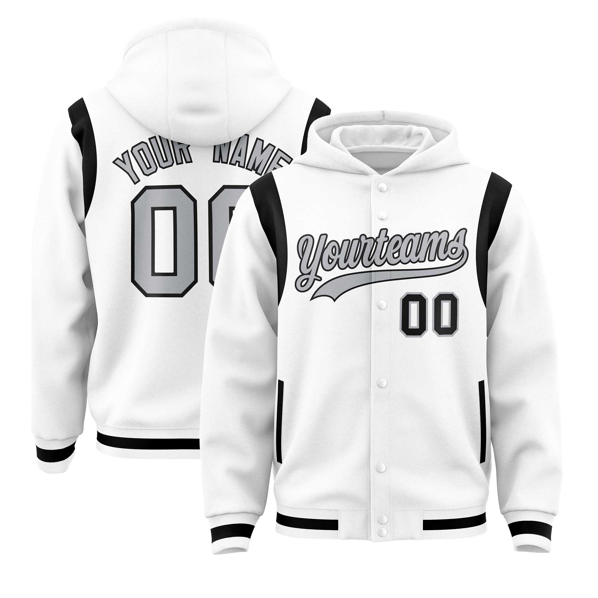 Custom White Silver Varsity Full-Snap Letterman Shoulder Color Block Hoodie Jacket