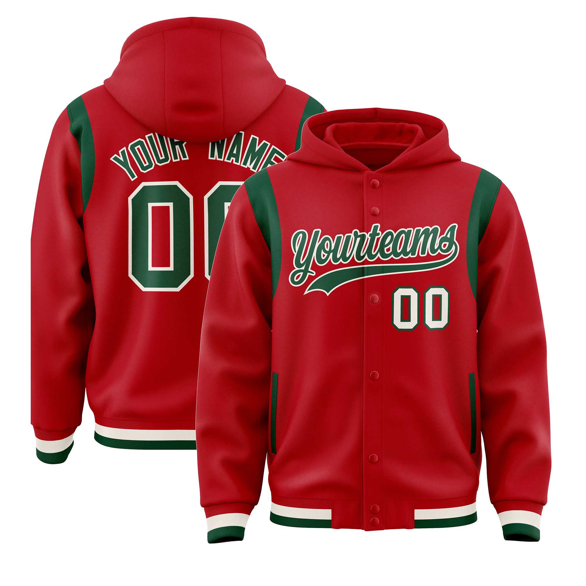 Custom Red Green Varsity Full-Snap Letterman Shoulder Color Block Hoodie Jacket