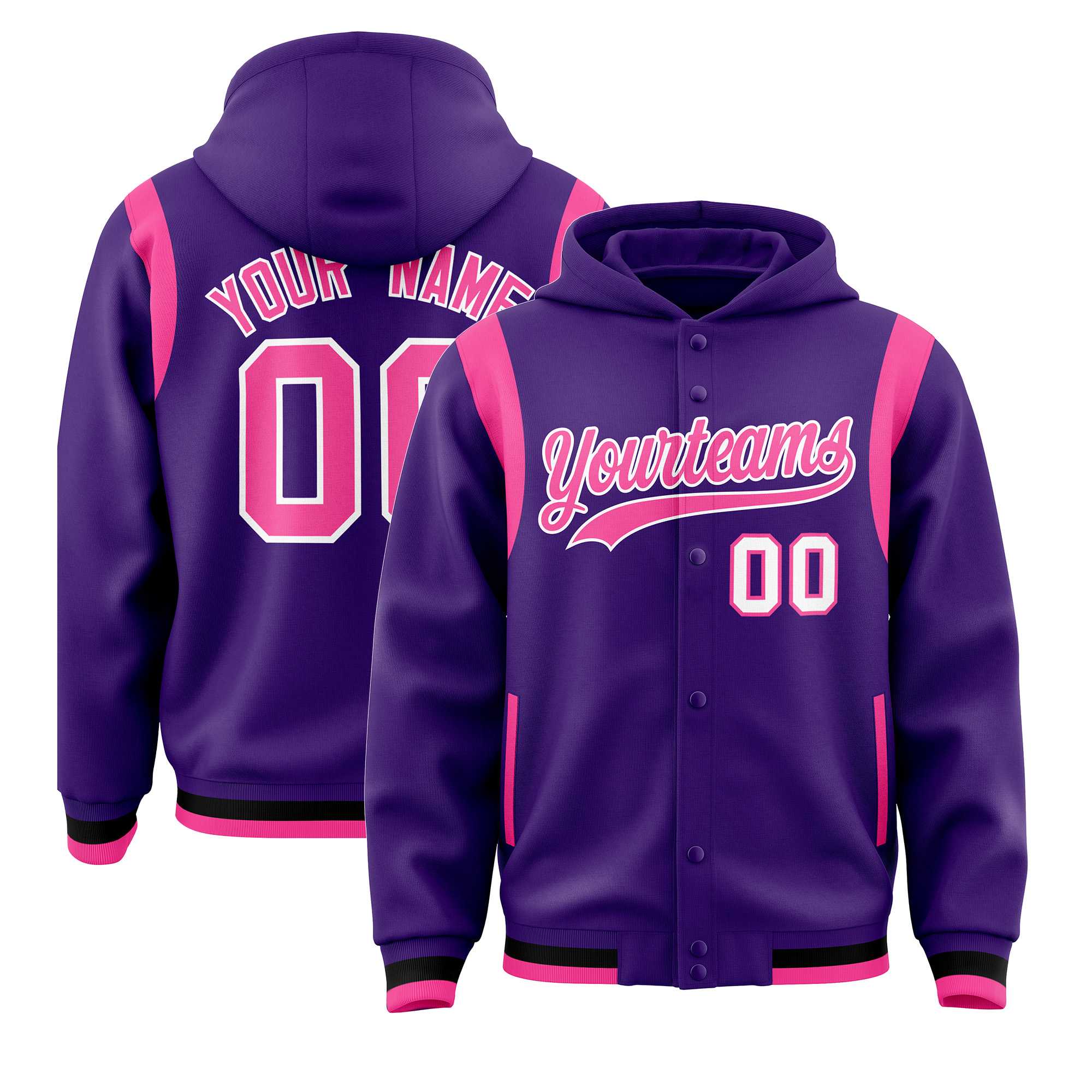 Custom Purple Pink Varsity Full-Snap Letterman Shoulder Color Block Hoodie Jacket