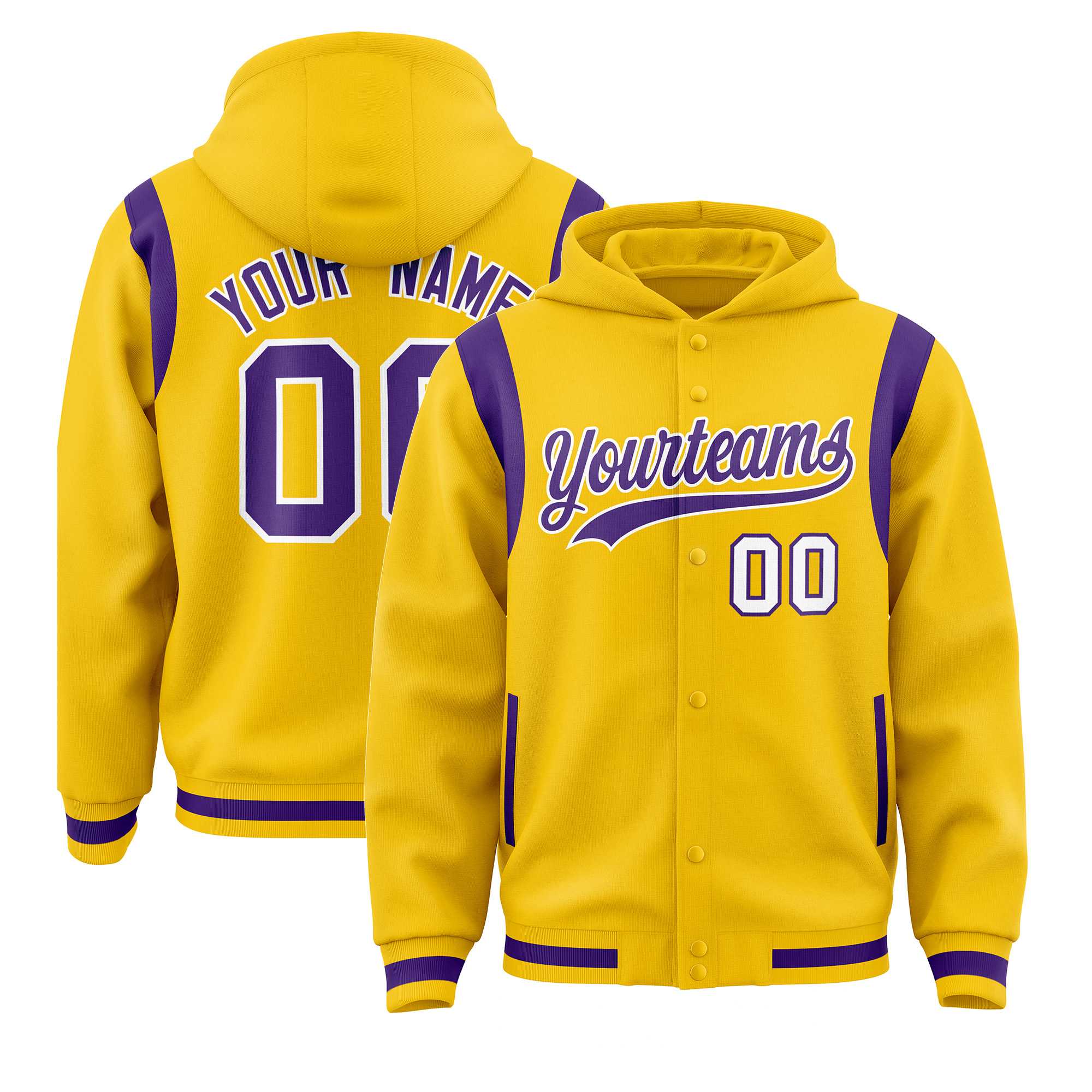 Custom Gold Purple Varsity Full-Snap Letterman Shoulder Color Block Hoodie Jacket