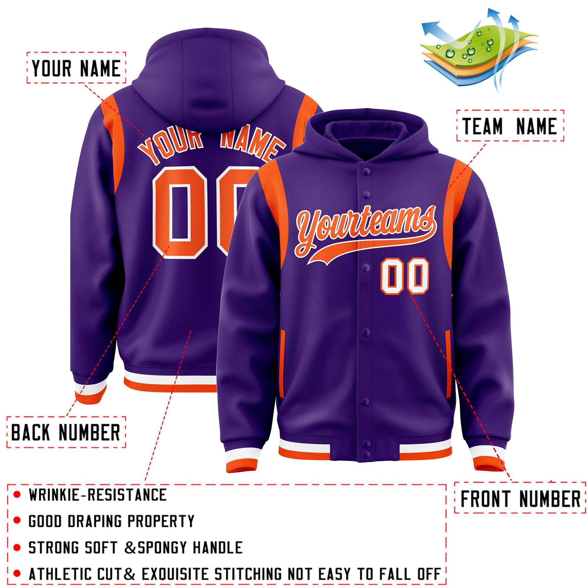 Custom Purple Orange Varsity Full-Snap Letterman Shoulder Color Block Hoodie Jacket