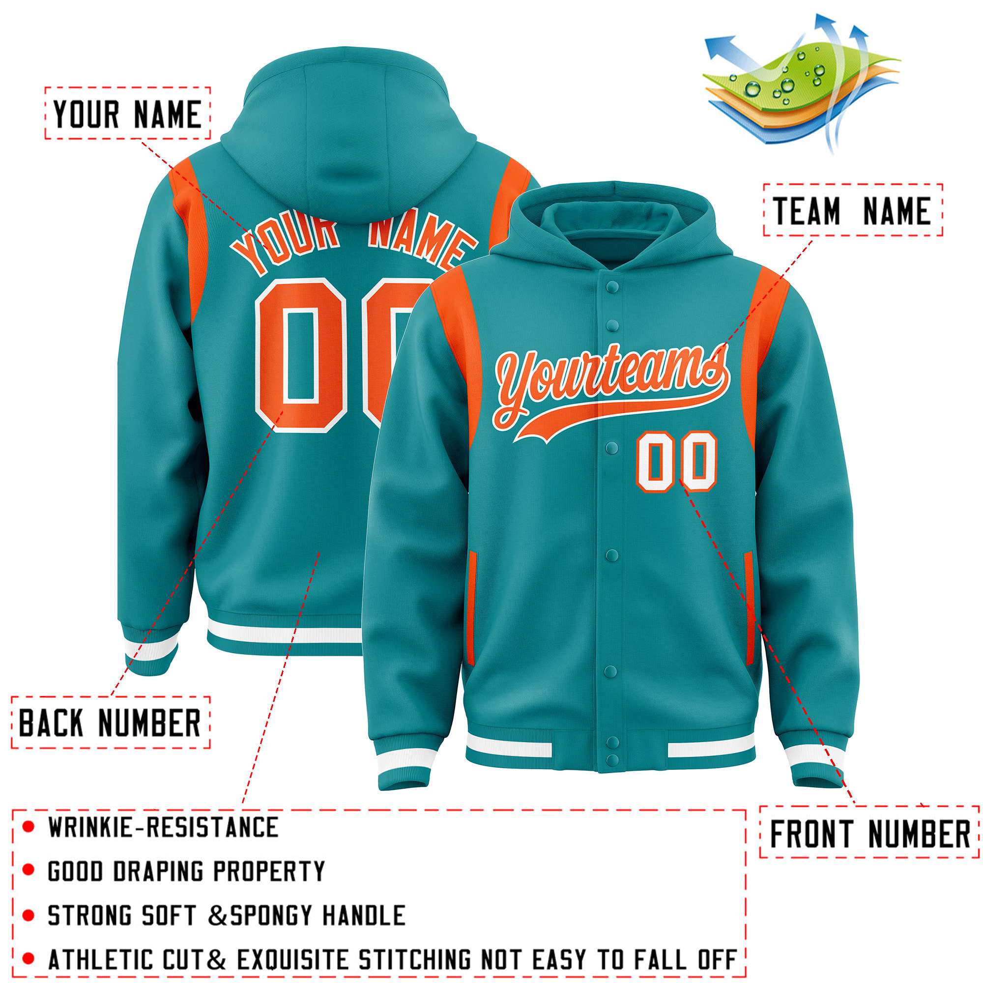 Custom Aqua Orange Varsity Full-Snap Letterman Shoulder Color Block Hoodie Jacket