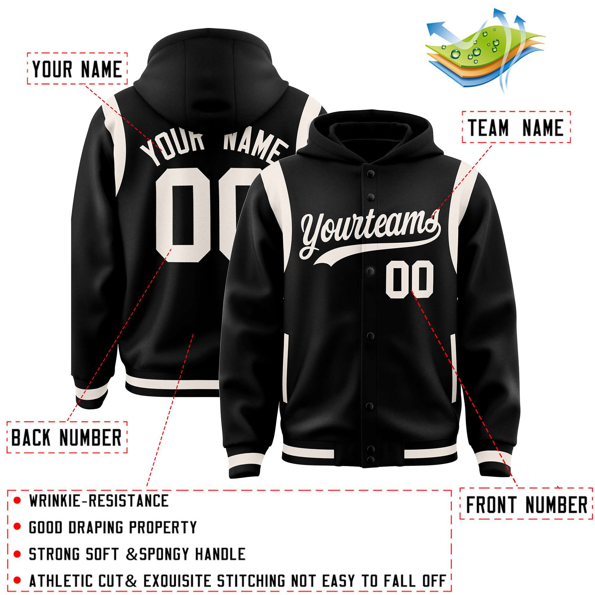 Custom Black Cream Varsity Full-Snap Letterman Shoulder Color Block Hoodie Jacket