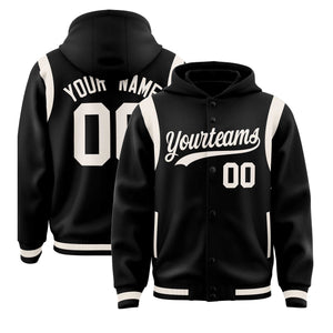 Custom Black Cream Varsity Full-Snap Letterman Shoulder Color Block Hoodie Jacket