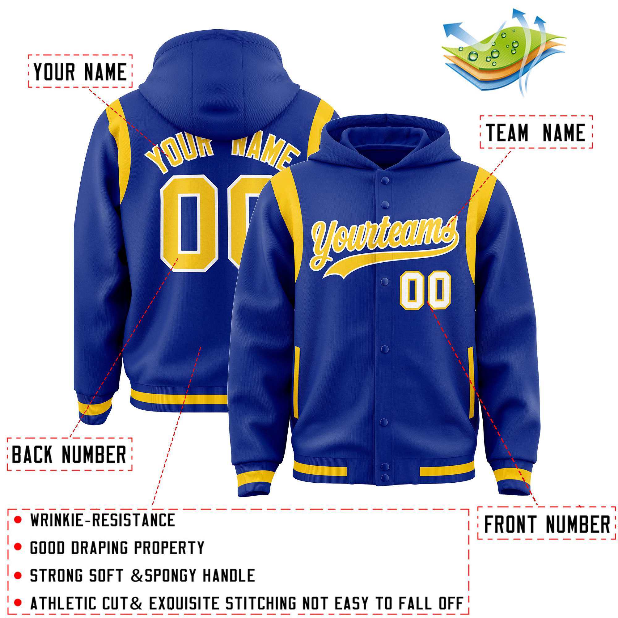 Custom Royal Gold Varsity Full-Snap Letterman Shoulder Color Block Hoodie Jacket