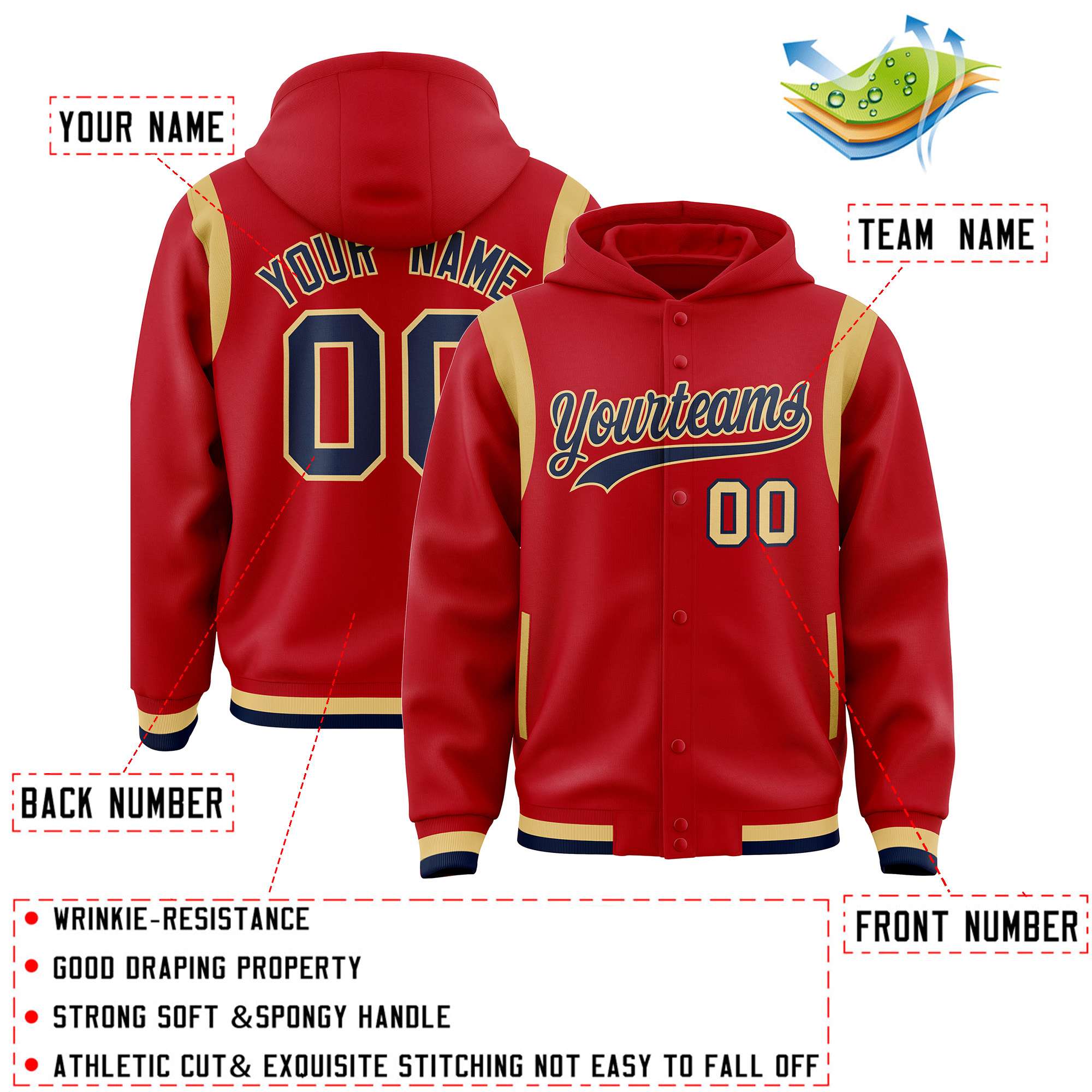 Custom Red Navy Varsity Full-Snap Letterman Shoulder Color Block Hoodie Jacket