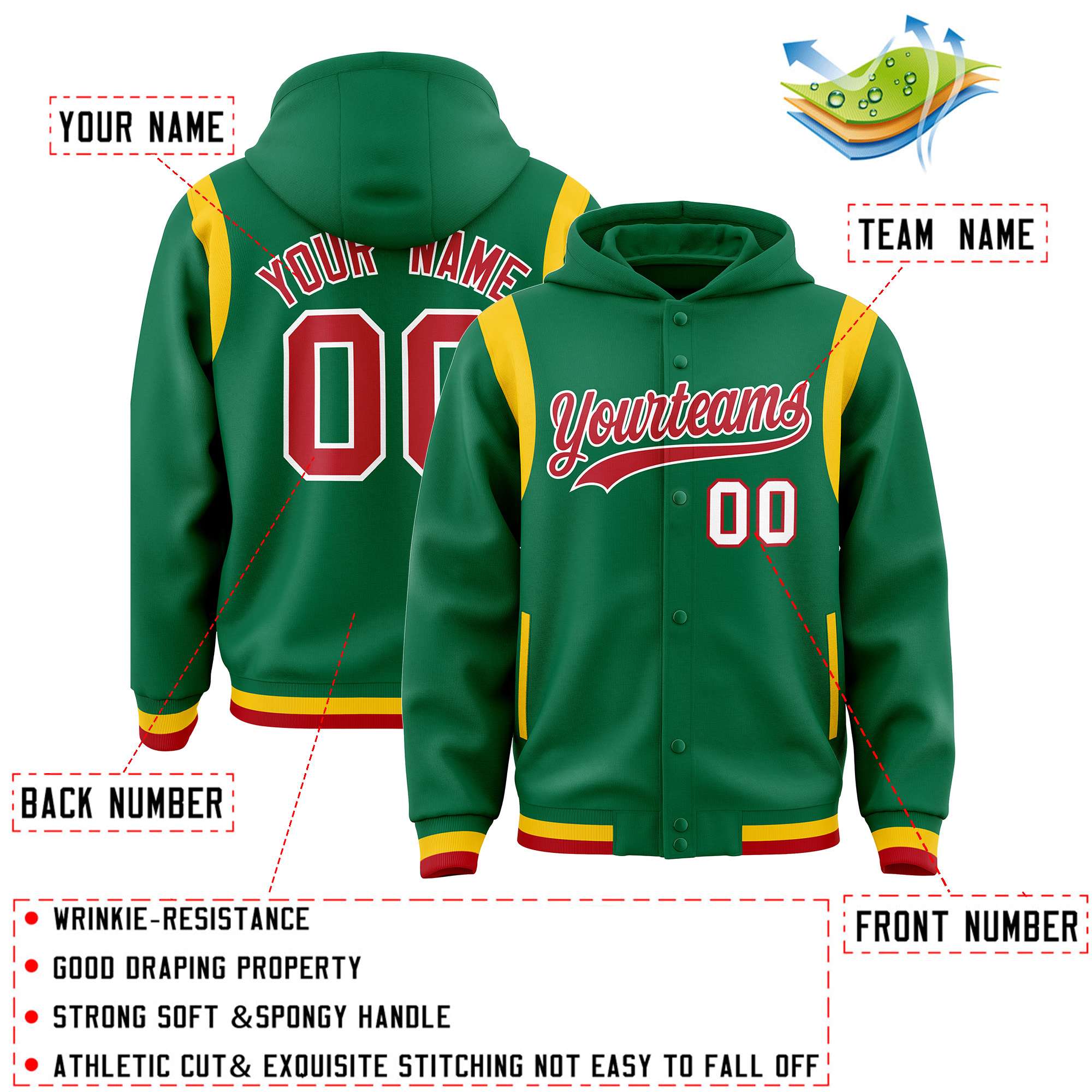 Custom Kelly Green Red Varsity Full-Snap Letterman Shoulder Color Block Hoodie Jacket