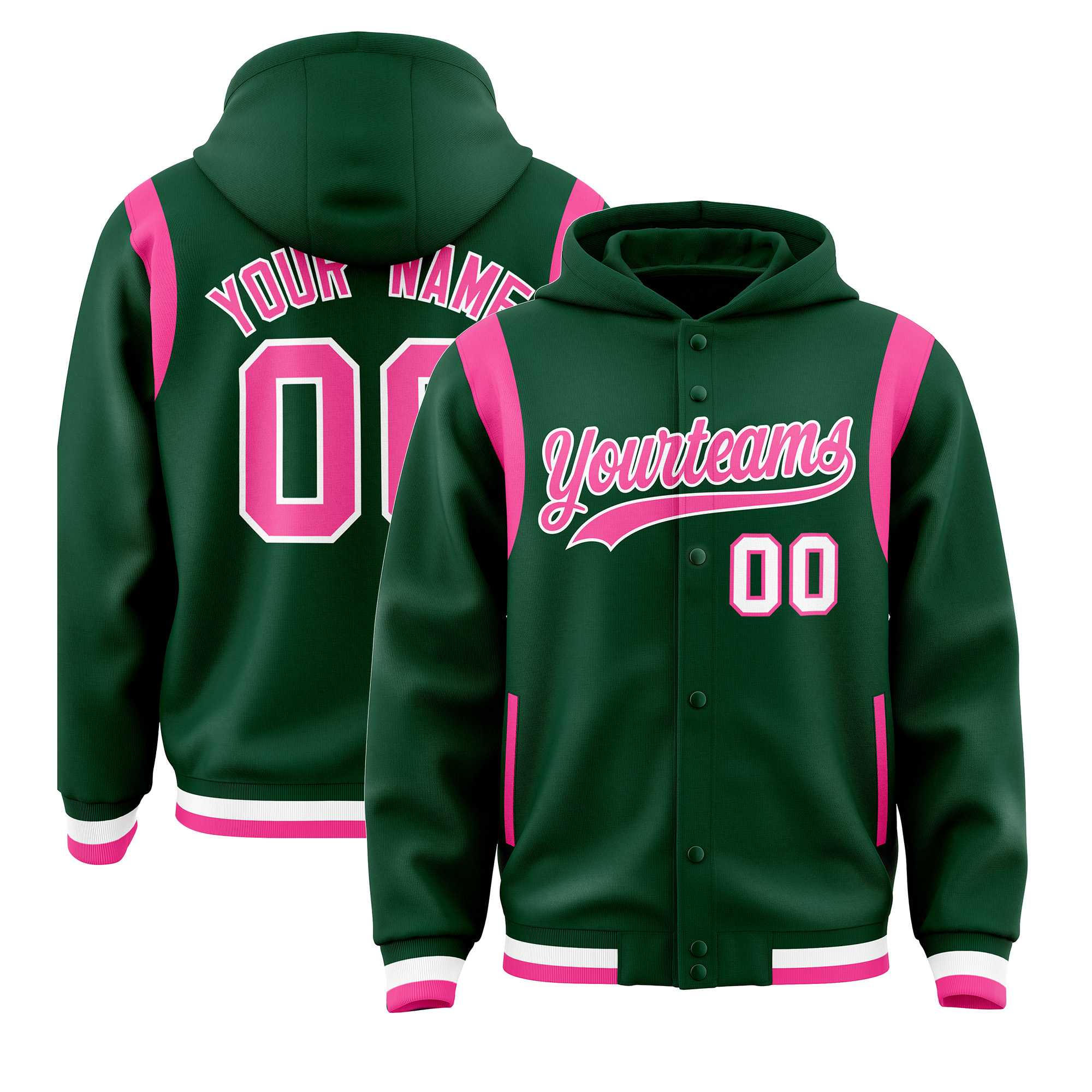 Custom Green Pink Varsity Full-Snap Letterman Shoulder Color Block Hoodie Jacket