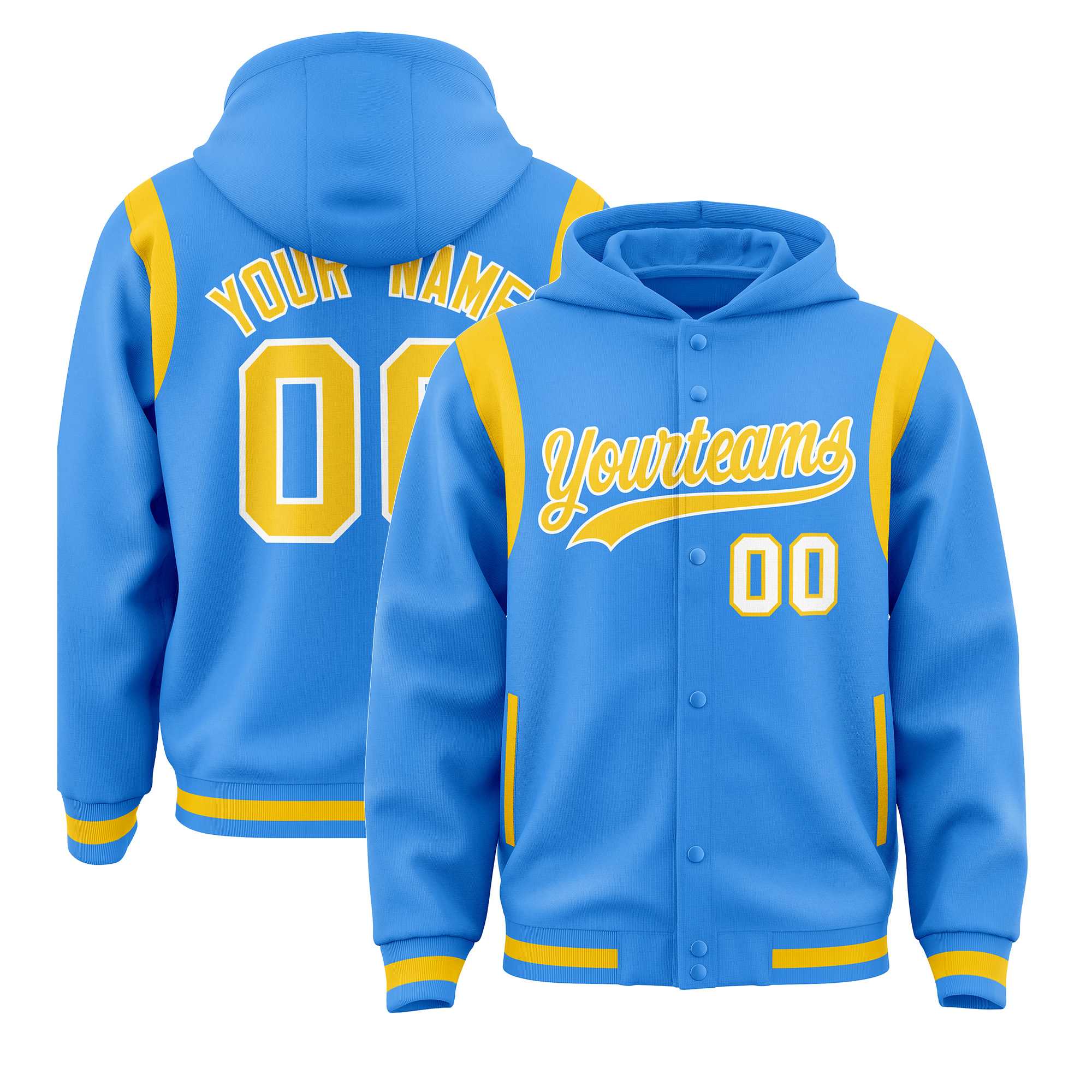 Custom Powder Blue Gold Varsity Full-Snap Letterman Shoulder Color Block Hoodie Jacket