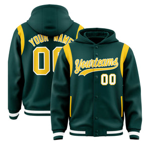 Custom Midnight Green Gold Varsity Full-Snap Letterman Shoulder Color Block Hoodie Jacket