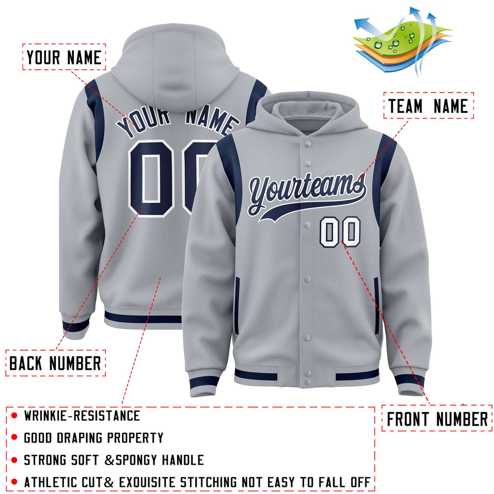 Custom Silver Navy Varsity Full-Snap Letterman Shoulder Color Block Hoodie Jacket