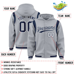 Custom Silver Navy Varsity Full-Snap Letterman Shoulder Color Block Hoodie Jacket