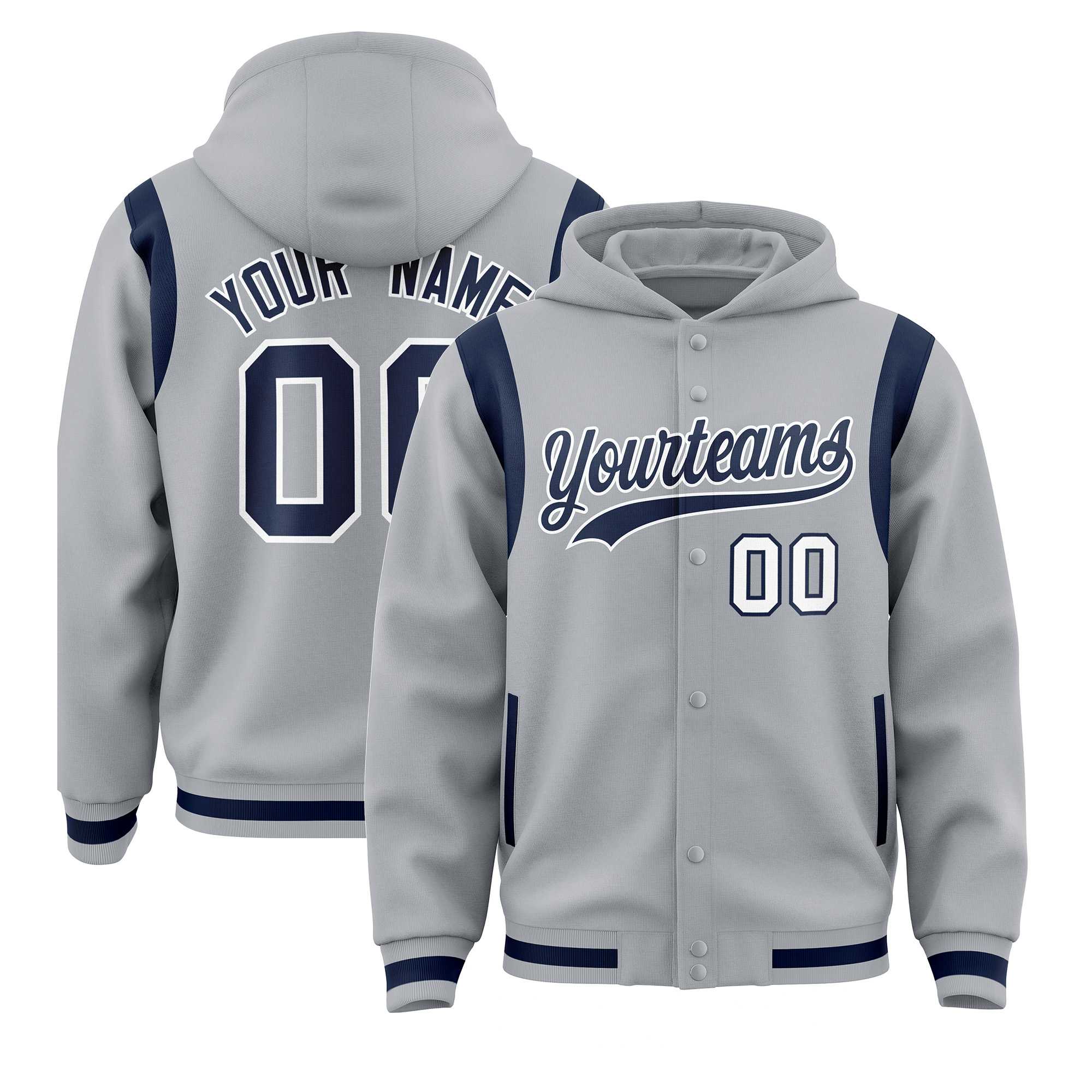 Custom Silver Navy Varsity Full-Snap Letterman Shoulder Color Block Hoodie Jacket