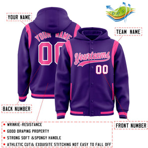 Custom Purple Pink Varsity Full-Snap Letterman Shoulder Color Block Hoodie Jacket