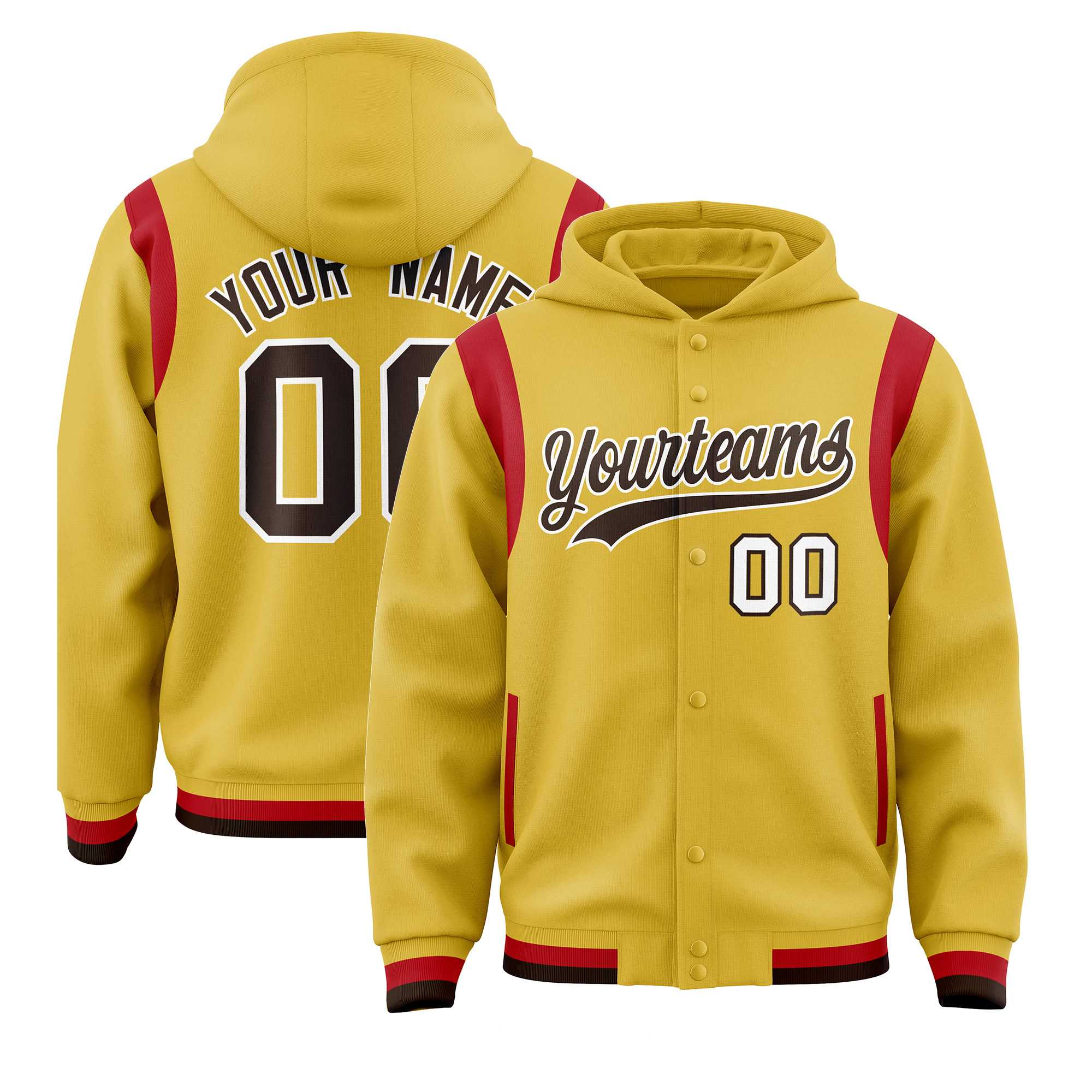 Custom Old Gold Brown Varsity Full-Snap Letterman Shoulder Color Block Hoodie Jacket