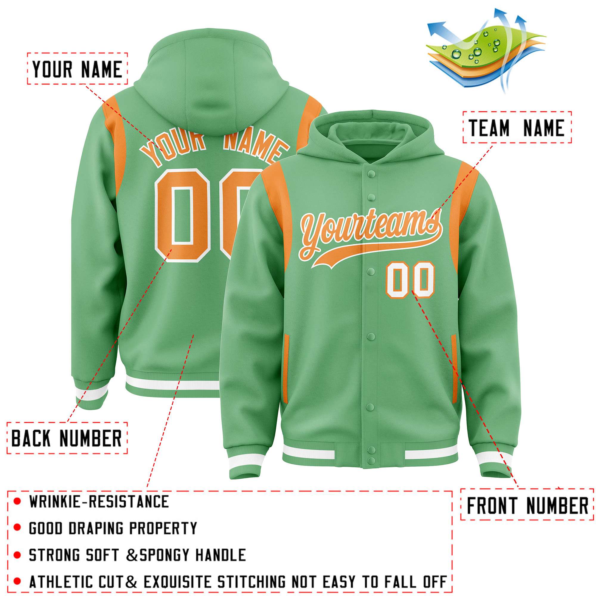 Custom Light Green Orange Varsity Full-Snap Letterman Shoulder Color Block Hoodie Jacket