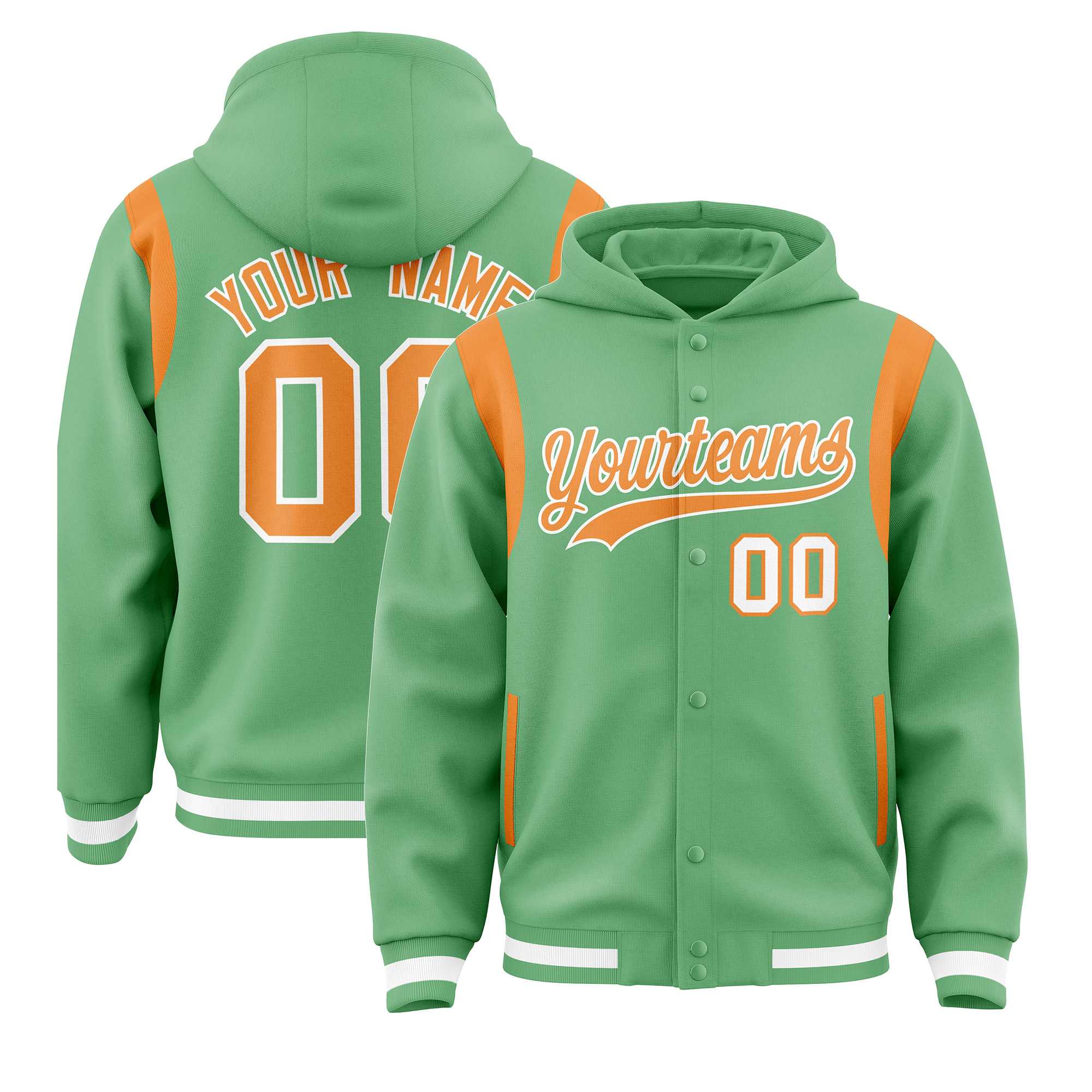 Custom Light Green Orange Varsity Full-Snap Letterman Shoulder Color Block Hoodie Jacket