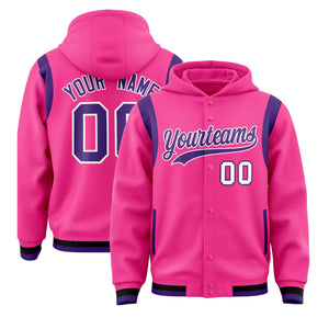 Custom Pink Purple Varsity Full-Snap Letterman Shoulder Color Block Hoodie Jacket