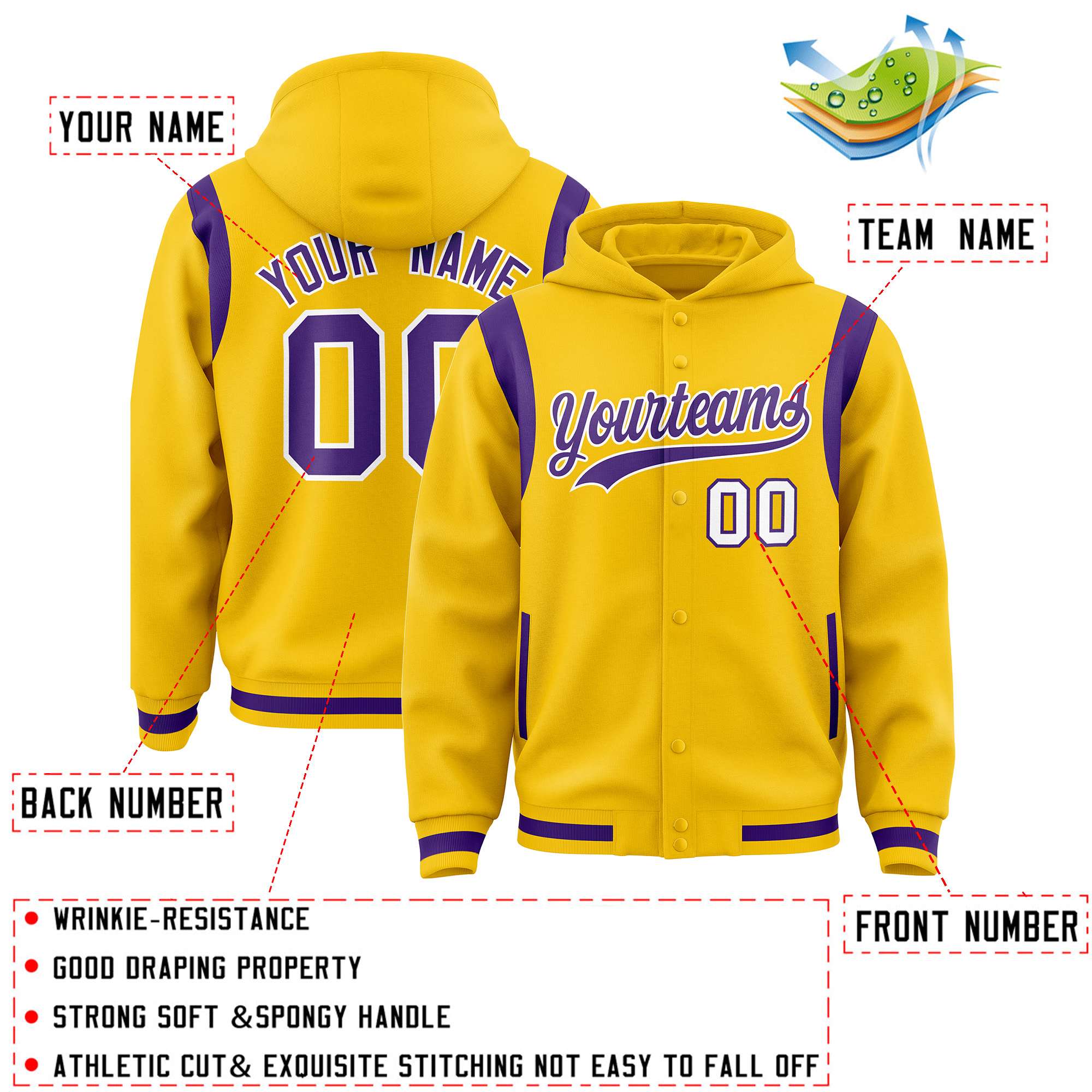 Custom Gold Purple Varsity Full-Snap Letterman Shoulder Color Block Hoodie Jacket