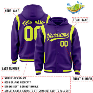 Custom Purple Fluorescent Green Varsity Full-Snap Letterman Shoulder Color Block Hoodie Jacket