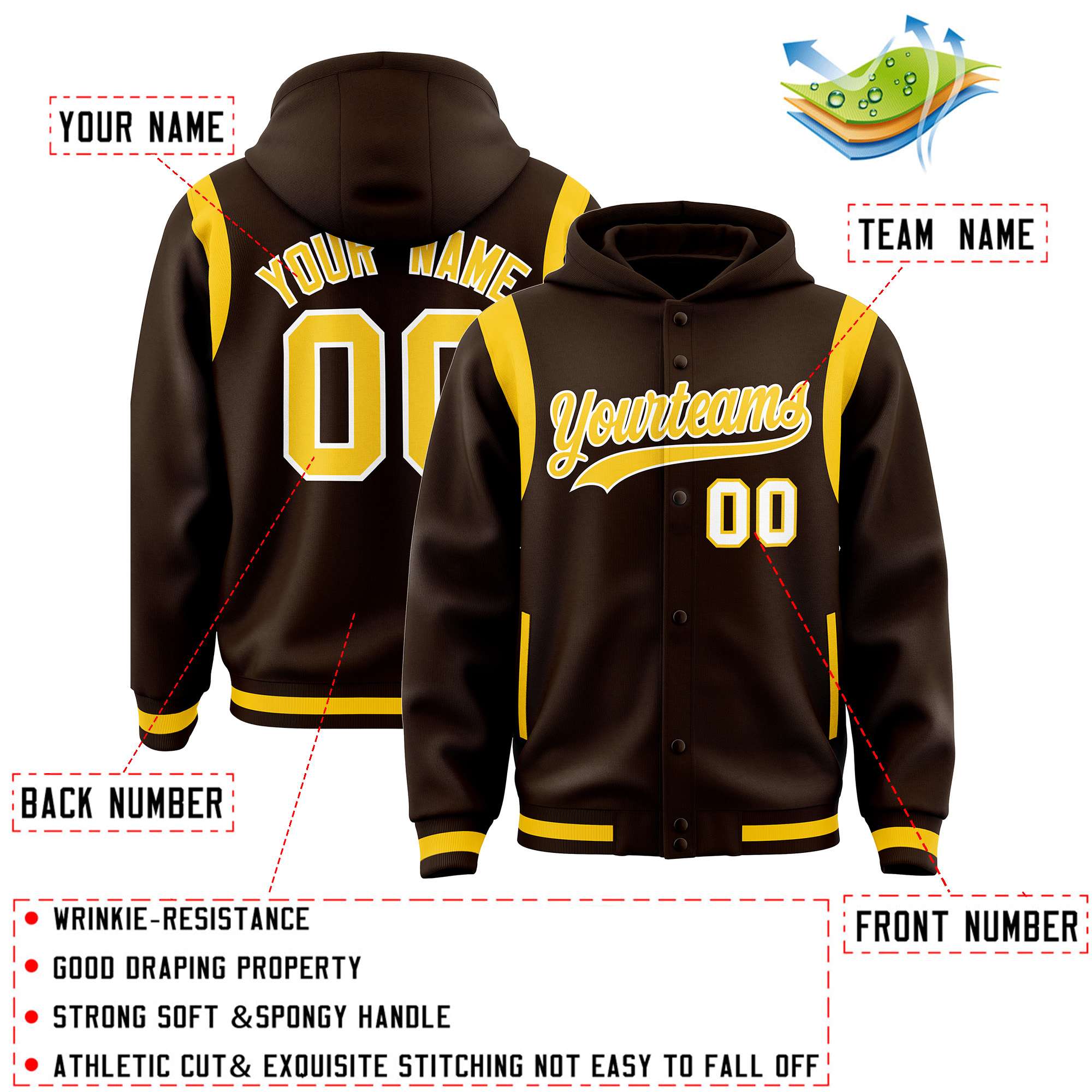 Custom Brown Gold Varsity Full-Snap Letterman Shoulder Color Block Hoodie Jacket