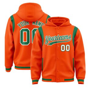 Custom Orange Kelly Green Varsity Full-Snap Letterman Shoulder Color Block Hoodie Jacket