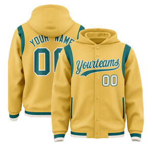 Custom Khaki Aqua Varsity Full-Snap Letterman Shoulder Color Block Hoodie Jacket