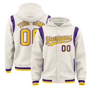 Custom Cream Gold Varsity Full-Snap Letterman Shoulder Color Block Hoodie Jacket