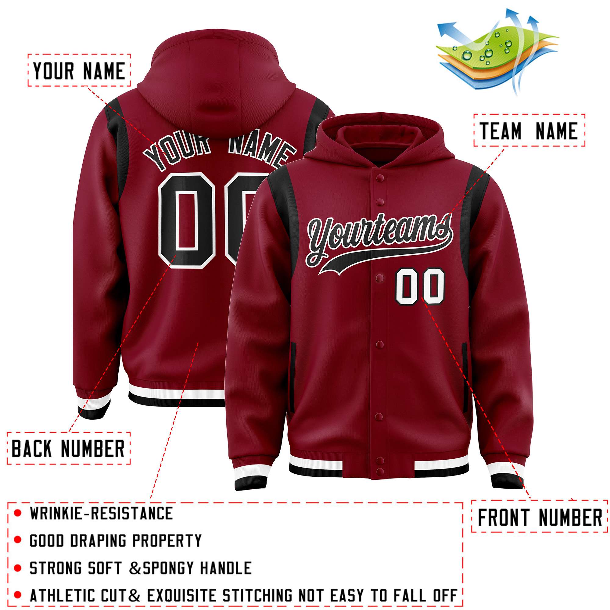 Custom Crimson Black Varsity Full-Snap Letterman Shoulder Color Block Hoodie Jacket