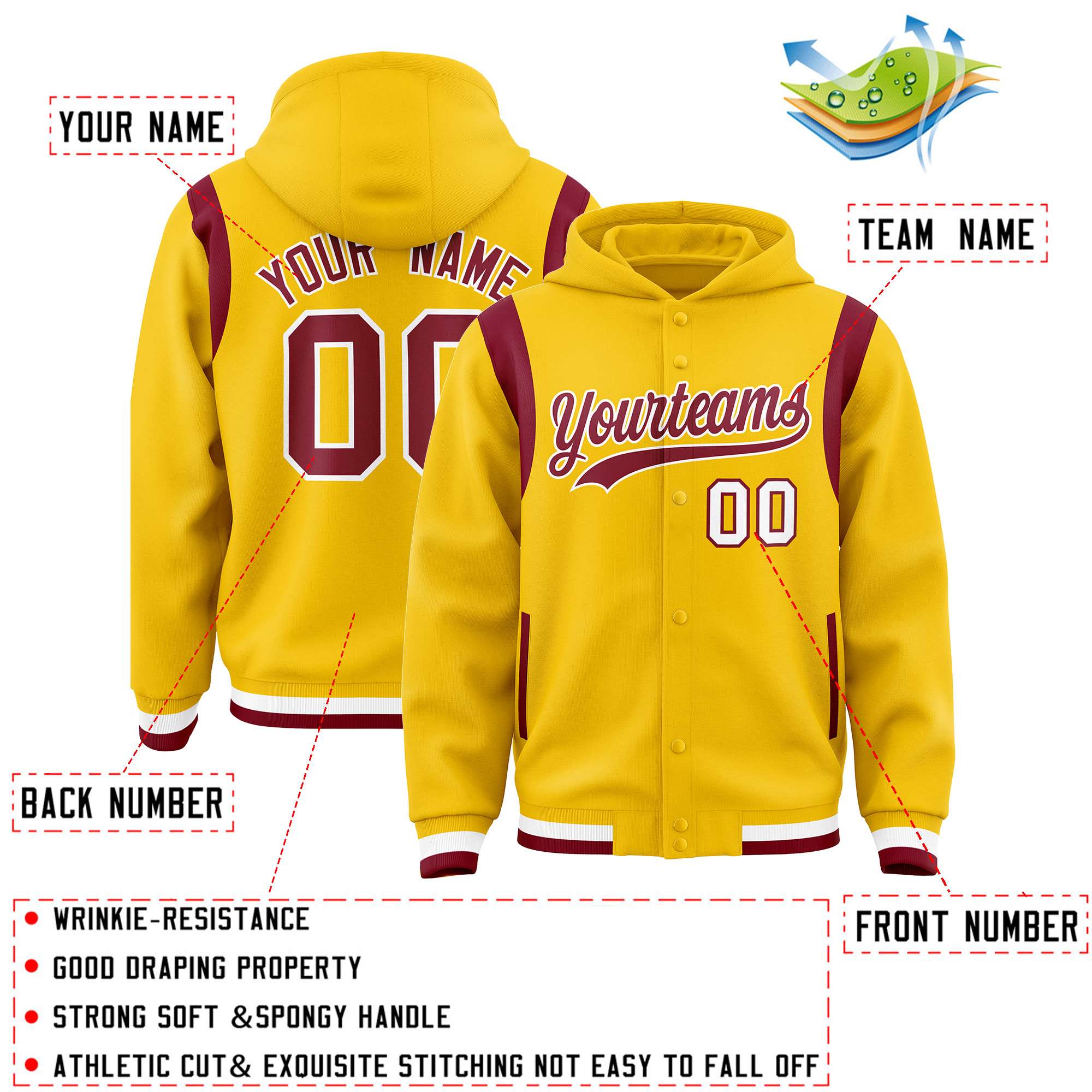 Custom Gold Crimson Varsity Full-Snap Letterman Shoulder Color Block Hoodie Jacket