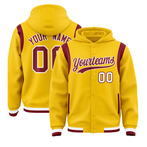 Custom Gold Crimson Varsity Full-Snap Letterman Shoulder Color Block Hoodie Jacket