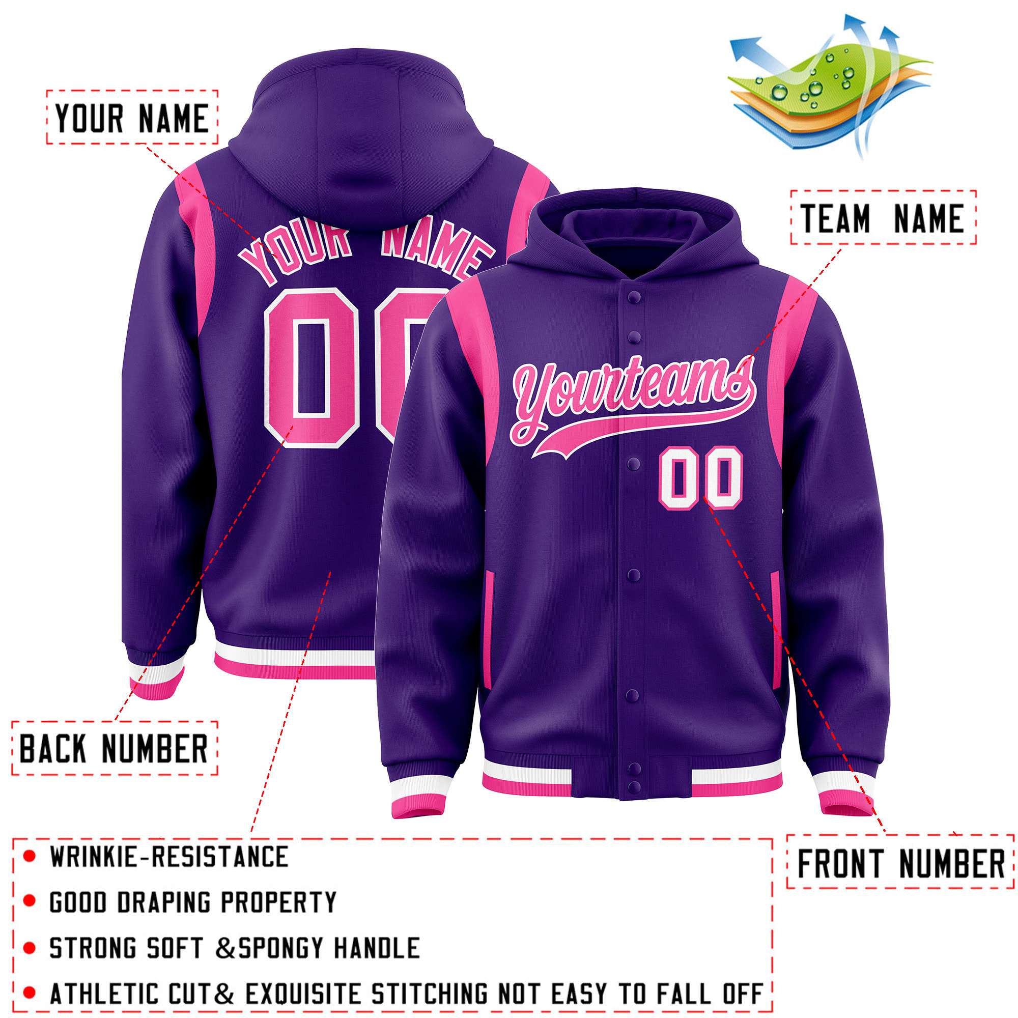 Custom Purple Pink Varsity Full-Snap Letterman Shoulder Color Block Hoodie Jacket