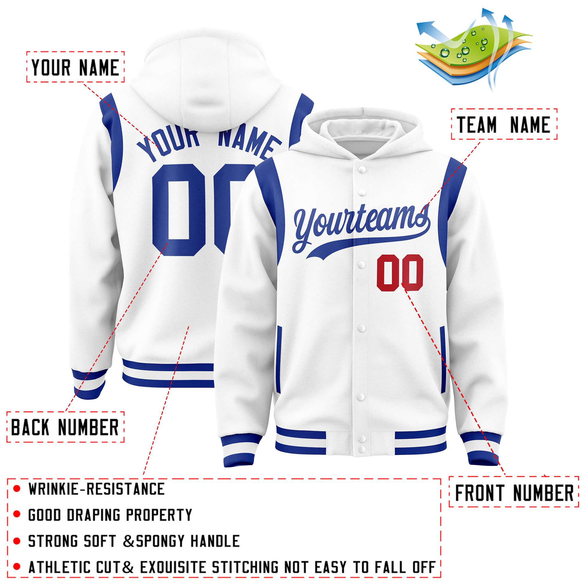 Custom White Royal Varsity Full-Snap Letterman Shoulder Color Block Hoodie Jacket