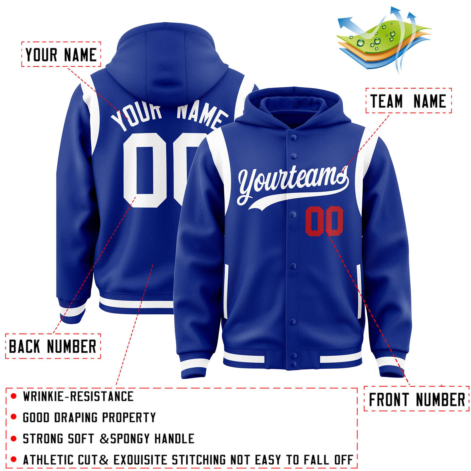 Custom Royal White Varsity Full-Snap Letterman Shoulder Color Block Hoodie Jacket