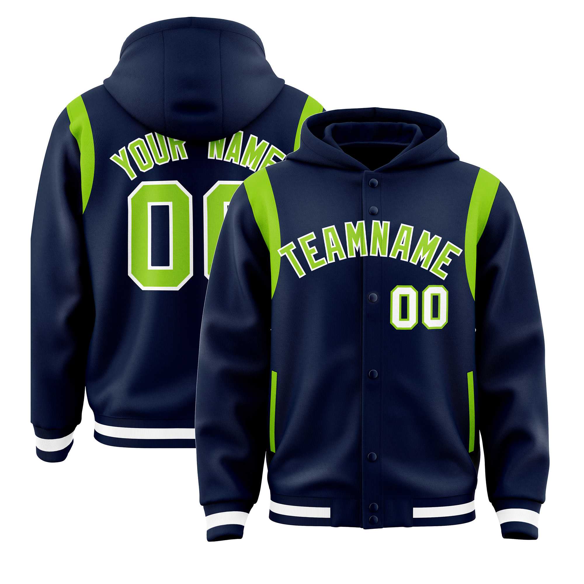 Custom Navy Neon Green Varsity Full-Snap Letterman Shoulder Color Block Hoodie Jacket