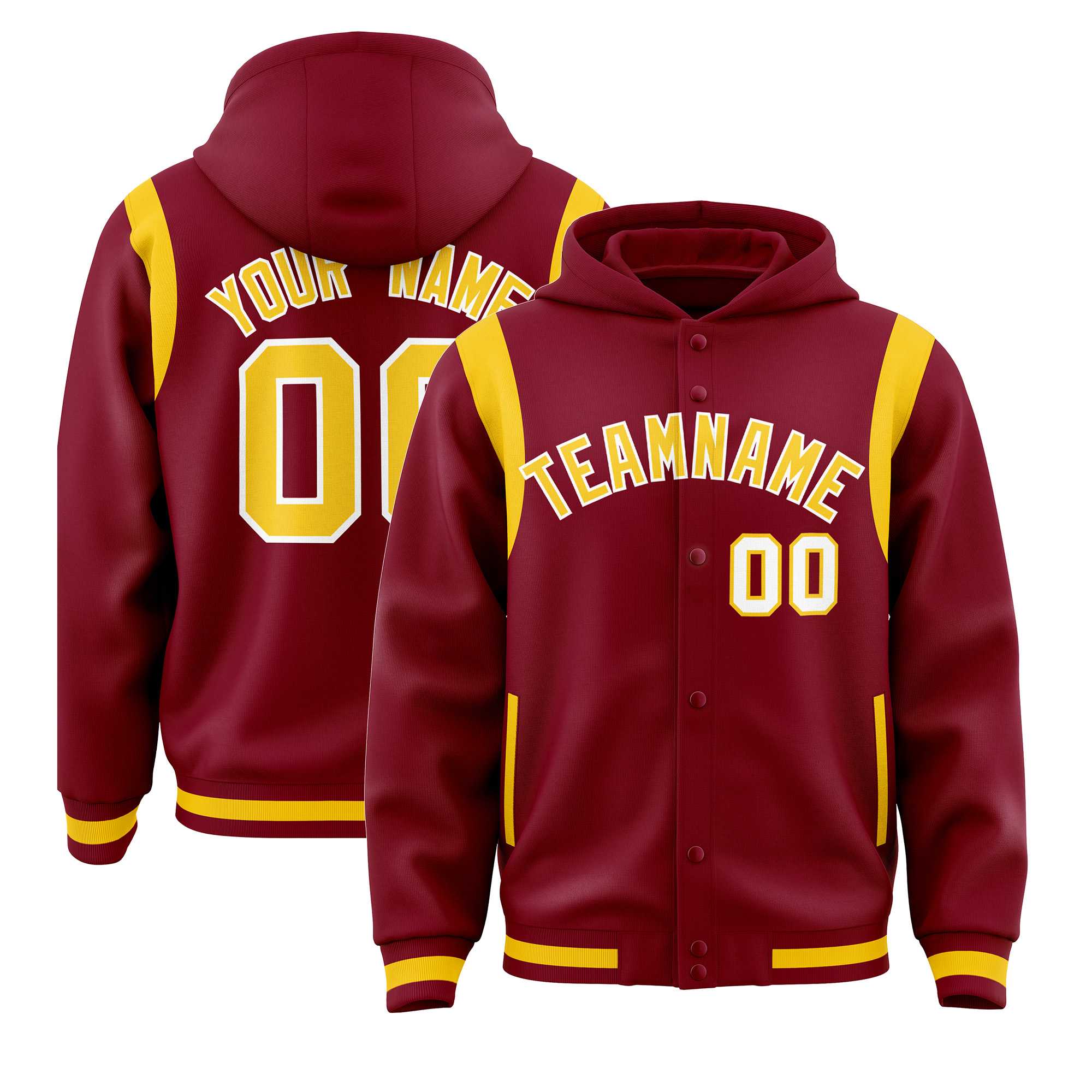 Custom Crimson Gold Varsity Full-Snap Letterman Shoulder Color Block Hoodie Jacket