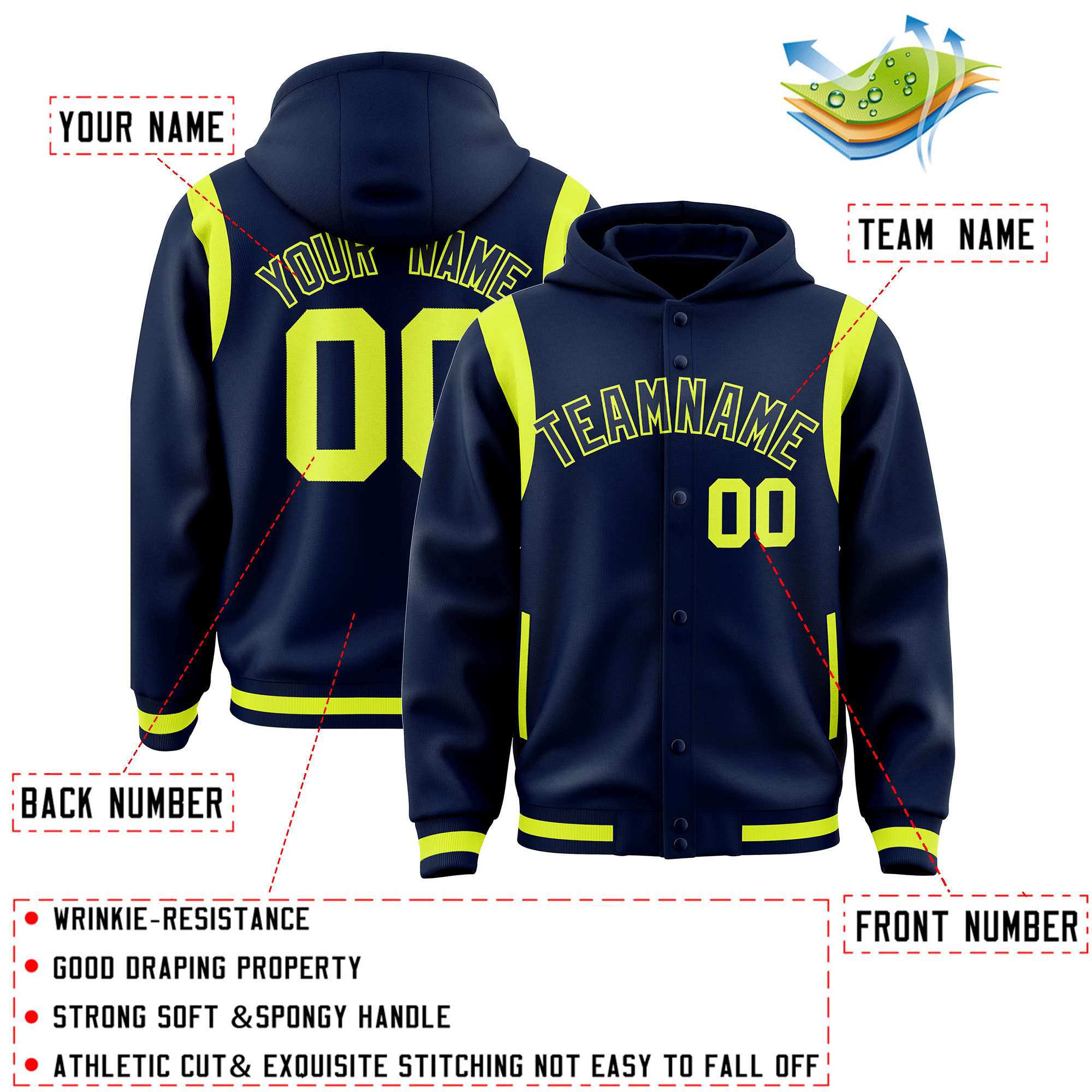 Custom Navy Navy Varsity Full-Snap Letterman Shoulder Color Block Hoodie Jacket