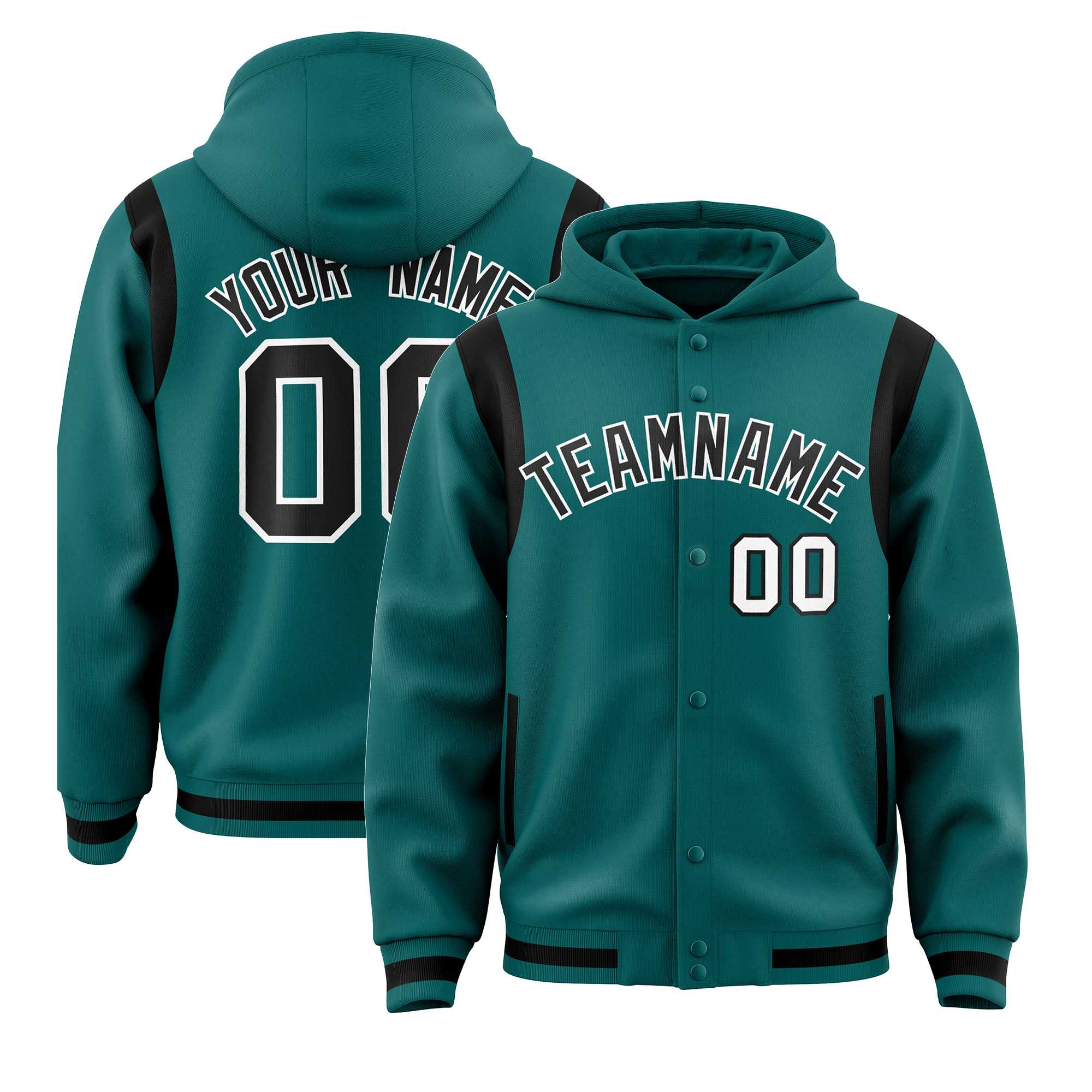 Custom Aqua Black Varsity Full-Snap Letterman Shoulder Color Block Hoodie Jacket