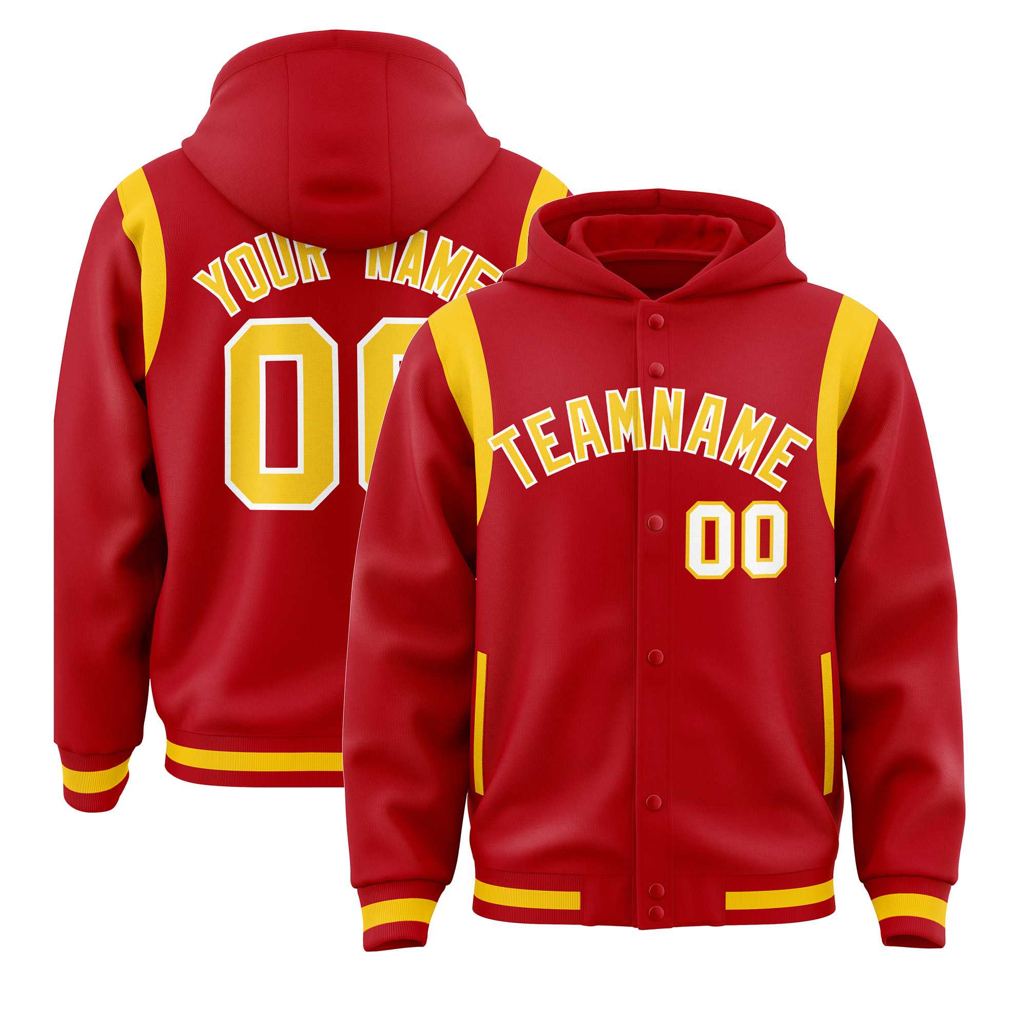 Custom Red Gold Varsity Full-Snap Letterman Shoulder Color Block Hoodie Jacket