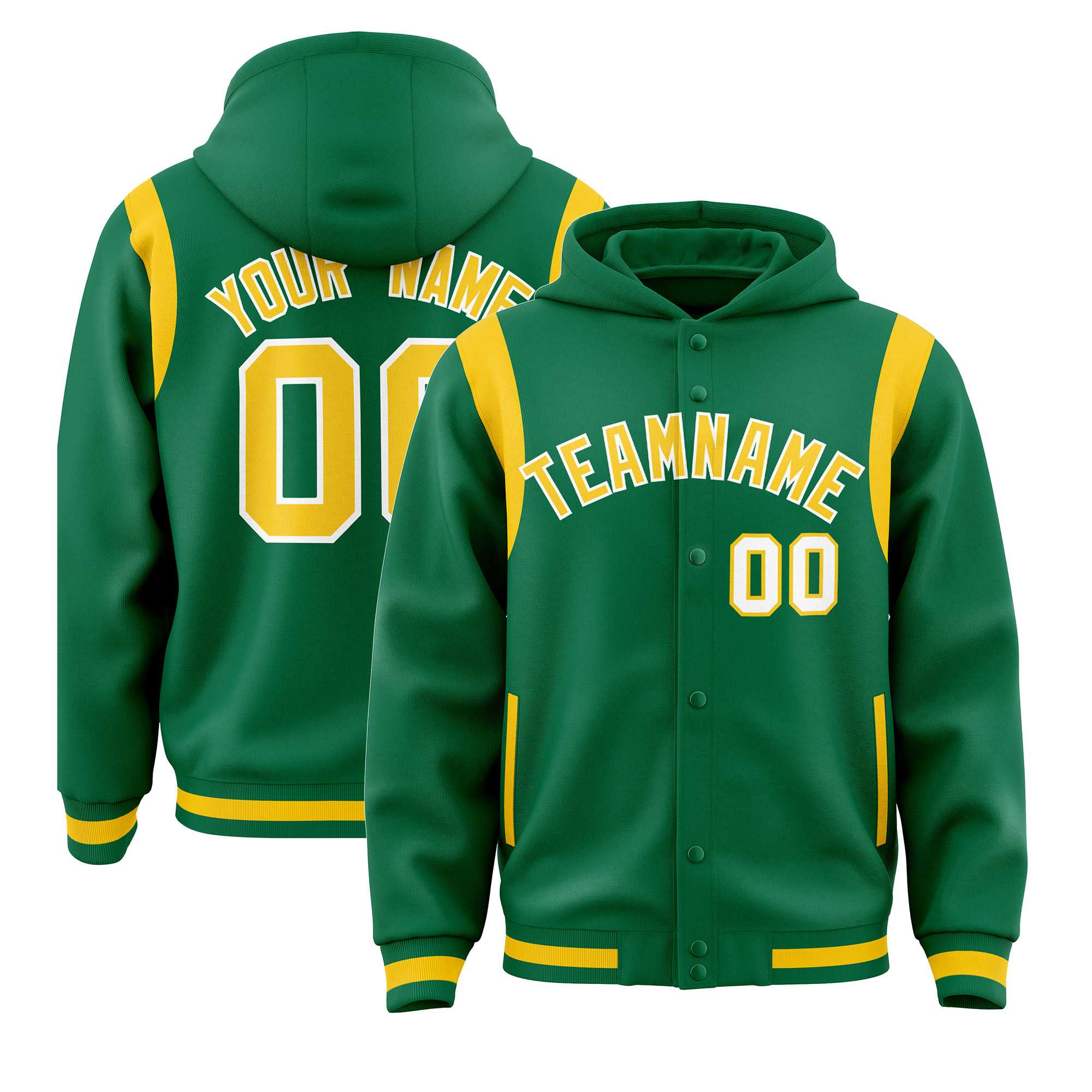 Custom Kelly Green Gold Varsity Full-Snap Letterman Shoulder Color Block Hoodie Jacket