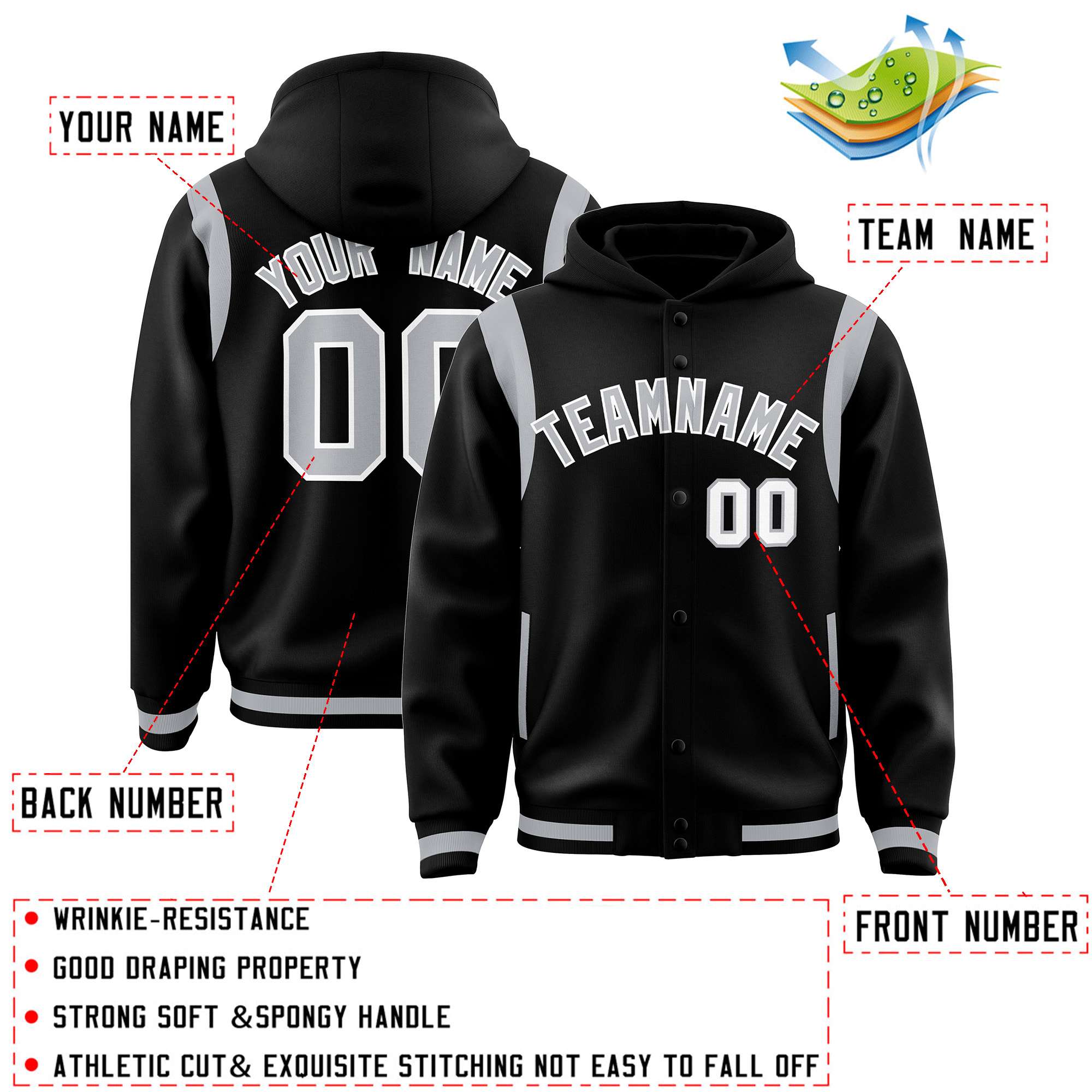 Custom Black Silver Varsity Full-Snap Letterman Shoulder Color Block Hoodie Jacket